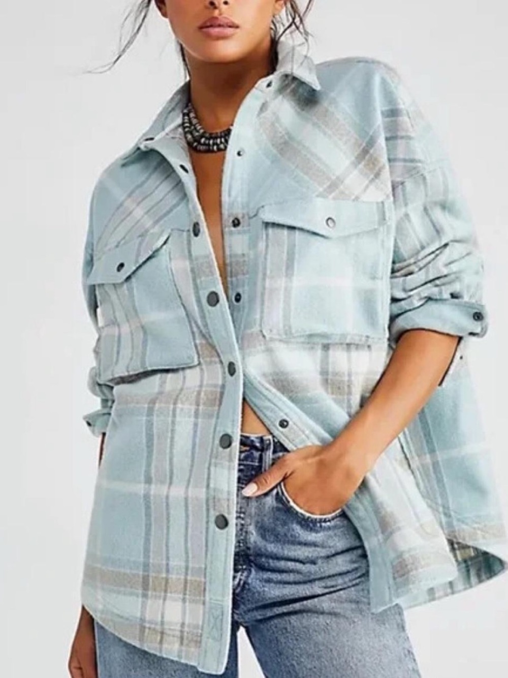 Free People We The Free Cabin Cozy Button Down Seafoam Plaid XS